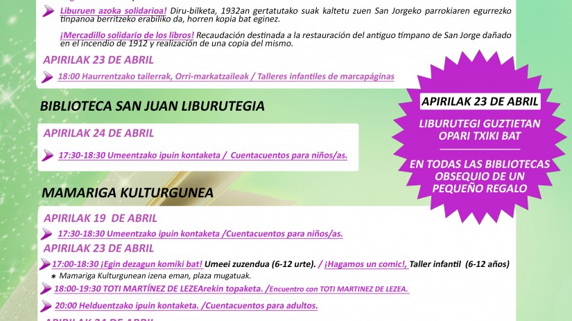 Las bibliotecas de Santurtzi celebran el Día del Libro con numerosas actividades desde la próxima semana