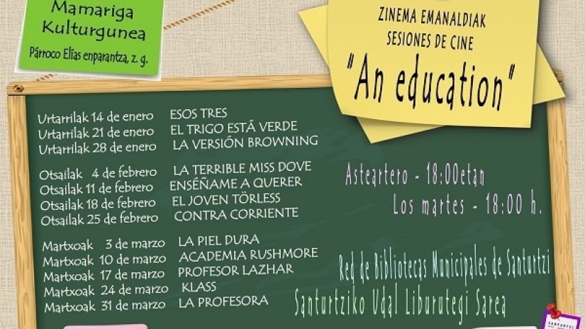 La Red de Bibliotecas de Santurtzi ha programado un ciclo de cine destinado al publico adulto “An education” y un segundo dirigido al público infantil “Neguan”